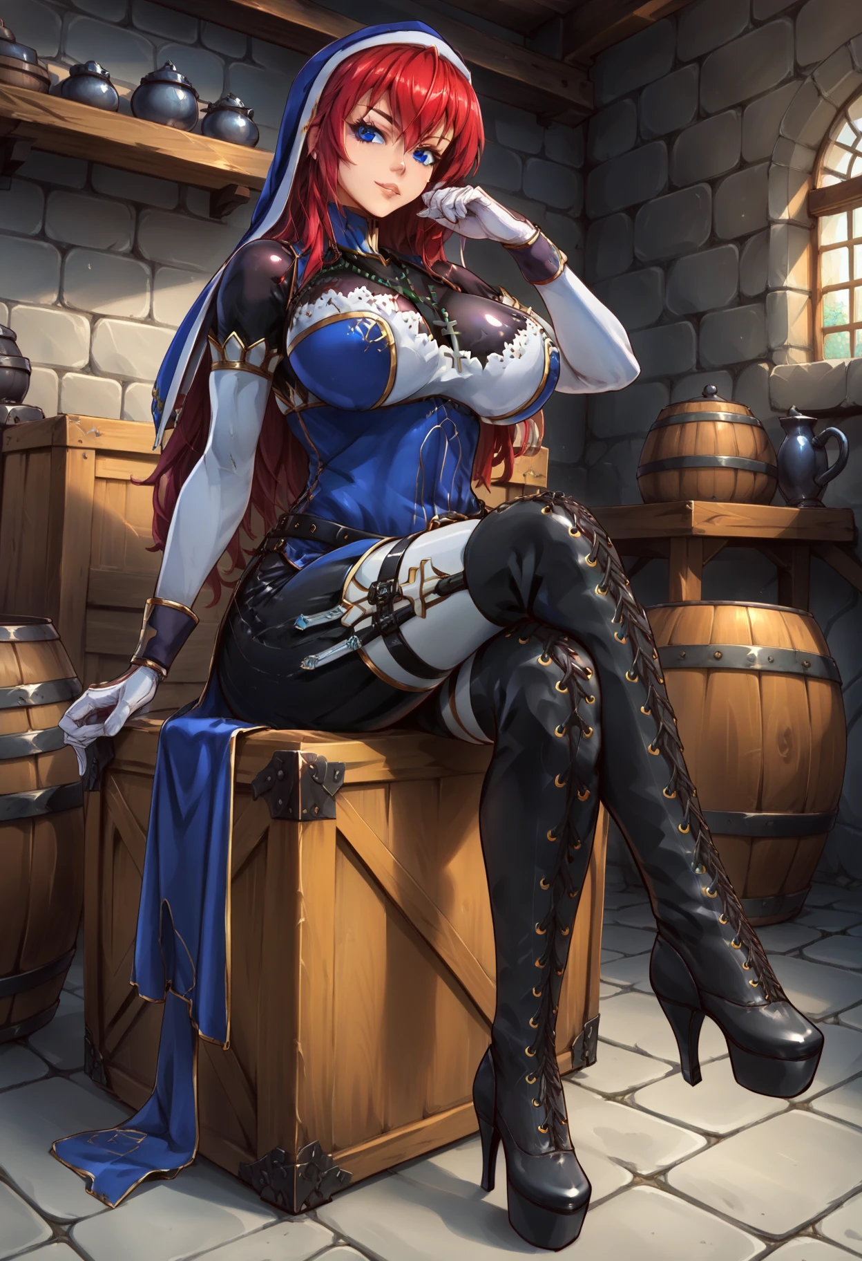 score_9, score_8_up, score_7_up, score_6_up, score_5_up, score_4_up, source_anime,  BREAK
sitting on a barrel in a tavern, 1girl,battleNun, cross necklace, habit, red hair, blue eyes, <lora:battleNunPony:1>, large breasts, crossed legs, full body, ,