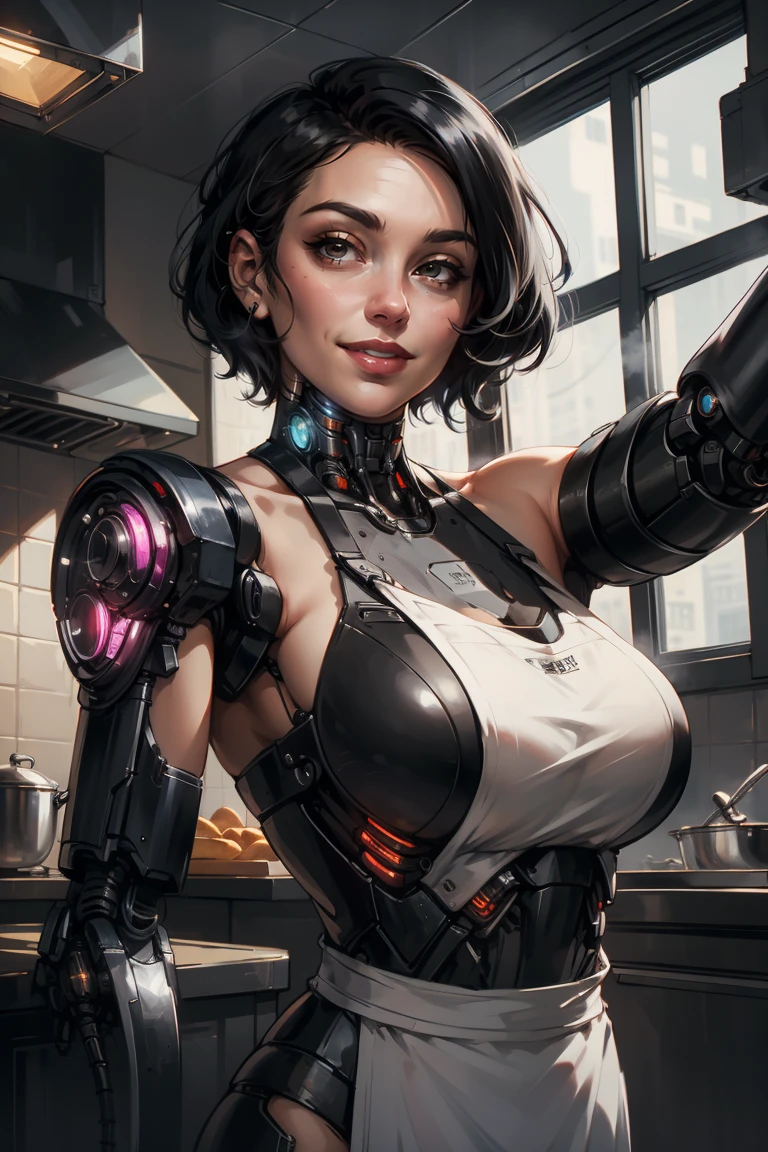 pov selfie, portrait of beautiful milf in white apron, smile, bare shoulders, short black hair, kitchen, window, steam, <lora:sxz-cacac-x:0.6> mechanical parts, cyborg, cyberpunk exoskeleton