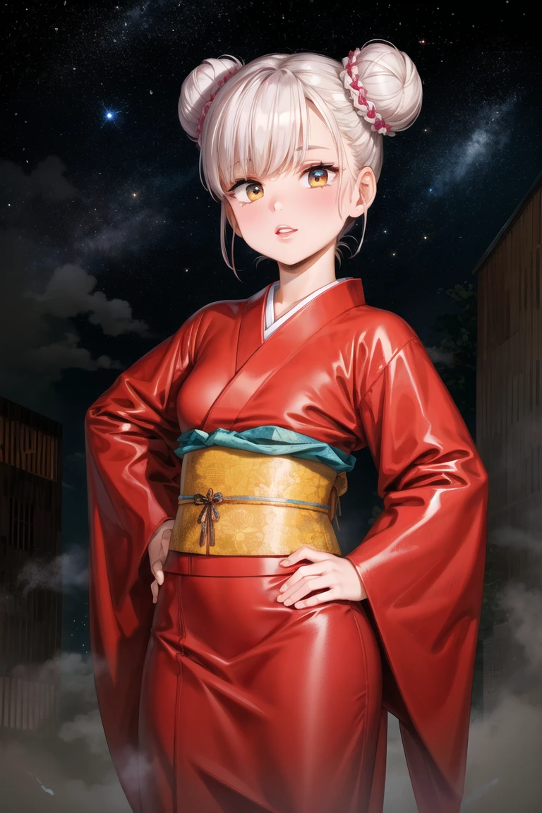 (masterpiece, best quality:1.2), 1girl, solo, cowboy shot,
on top of a building, at night, (heavy fog:1.3) and bright stars,
wearing a kimono,  hands on hips, 
lipstick, eyeshadow, (short hair:1.1), (double bun hair:1.1), (oily skin:1.1), 
<lora:urushihara_satoshi-10:1.0:lbw=ALL>