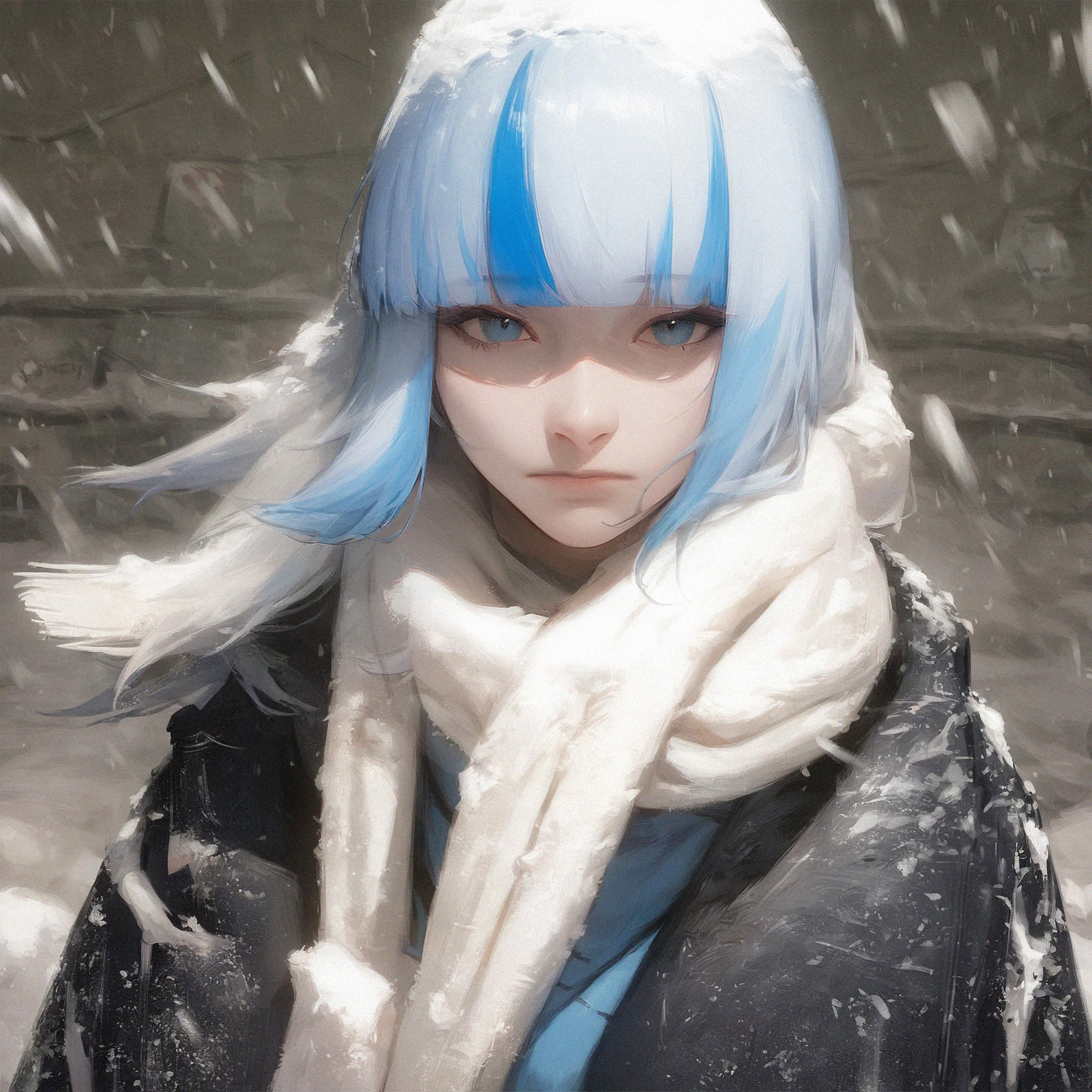 <lora:husbant_v01_(ponyDiffusionV6XL):0.9>, score_9, score_8_up, score_7_up, husbant, 1girl, black coat, snowing, looking at viewer, winter, closed mouth, white scarf, gawr gura, gawr gura \(1st costume\), white hair, blunt bangs, blue eyes, streaked hair, blue hair, blue hoodie,