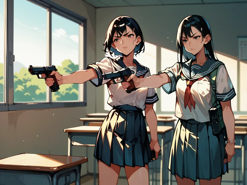 score_9,score_8_up,score_7_up,source_anime,<lora:Royale_With_Cheese_Pony:1>,rwc,2girls,holding gun,school uniform,classroom,