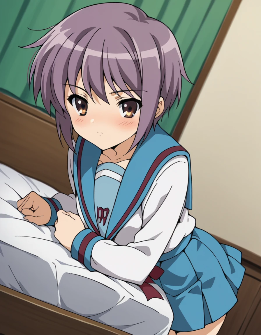 score_9, score_8_up, score_7_up, source_anime,
yukinagato,  <lora:yuki-nagato-s1-ponyxl-lora-nochekaiser:1>,
yuki nagato, short hair, bangs, brown eyes, purple hair,
skirt, long sleeves, school uniform, serafuku, sailor collar, blue skirt, blue sailor collar, winter uniform, kita high school uniform,
indoors, bed, bed room, on side, blush, drunk,
looking at viewer, dutch angle, cowboy shot, solo,