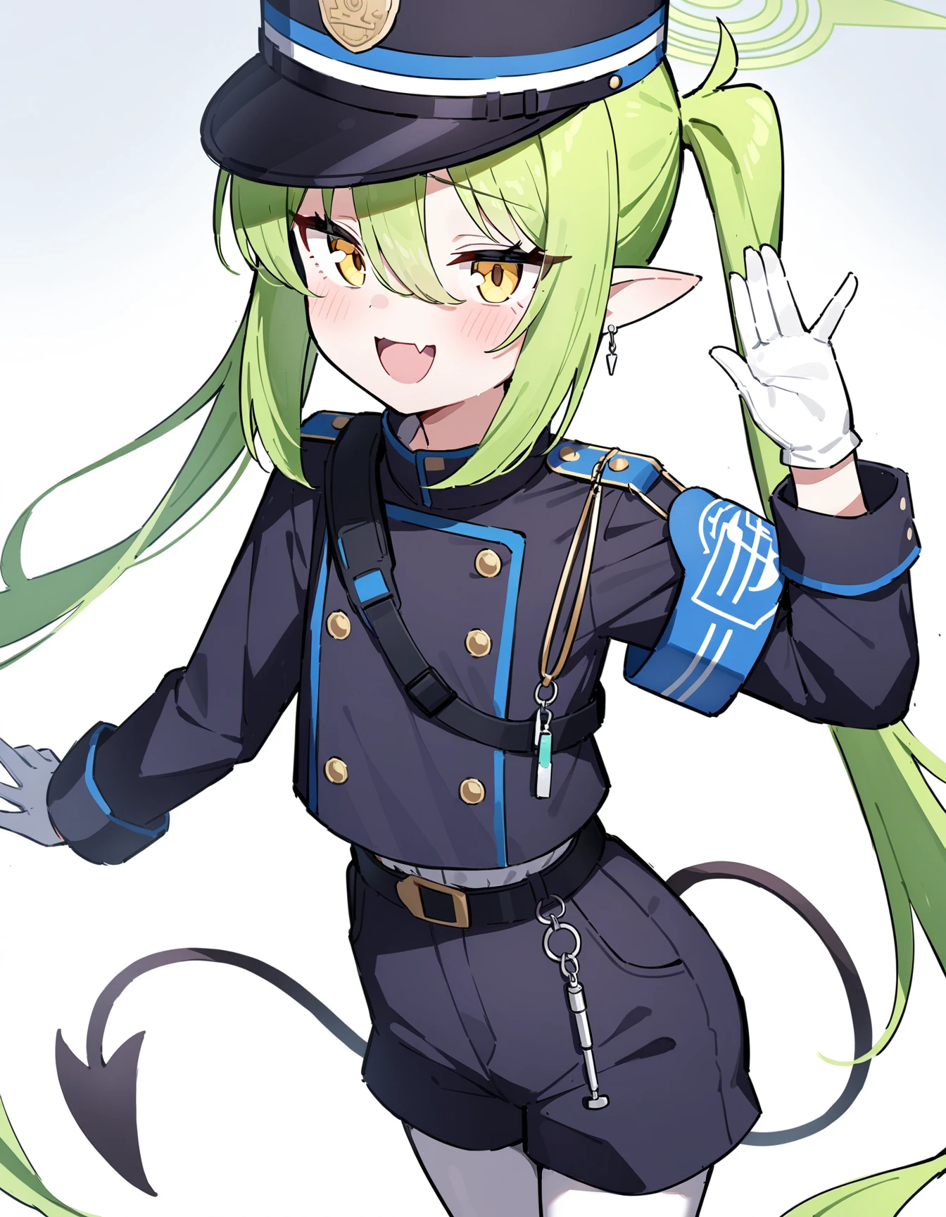 1girl, nozomi \(blue archive), blue archive, peaked cap, green hair, twintails, yellow eyes, pointy ears, single earring, smile, skin fang, open mouth, white gloves, blue uniform, blue armband, hand up, belt chain, demon tail, white pantyhose, cowboy shot, white background, black belt, masterpiece, best quality, very aesthetic, absurdres