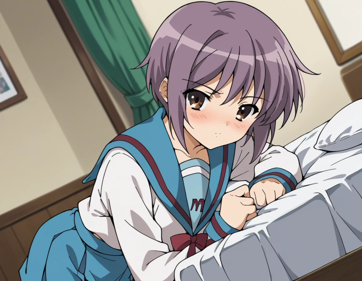 score_9, score_8_up, score_7_up, source_anime,
yukinagato, <lora:yuki-nagato-s1-ponyxl-lora-nochekaiser:1>,
yuki nagato, short hair, bangs, brown eyes, purple hair,
skirt, long sleeves, school uniform, serafuku, sailor collar, blue skirt, blue sailor collar, winter uniform, kita high school uniform,
indoors, bed, bed room, on side, blush, drunk,
looking at viewer, dutch angle, cowboy shot, solo,