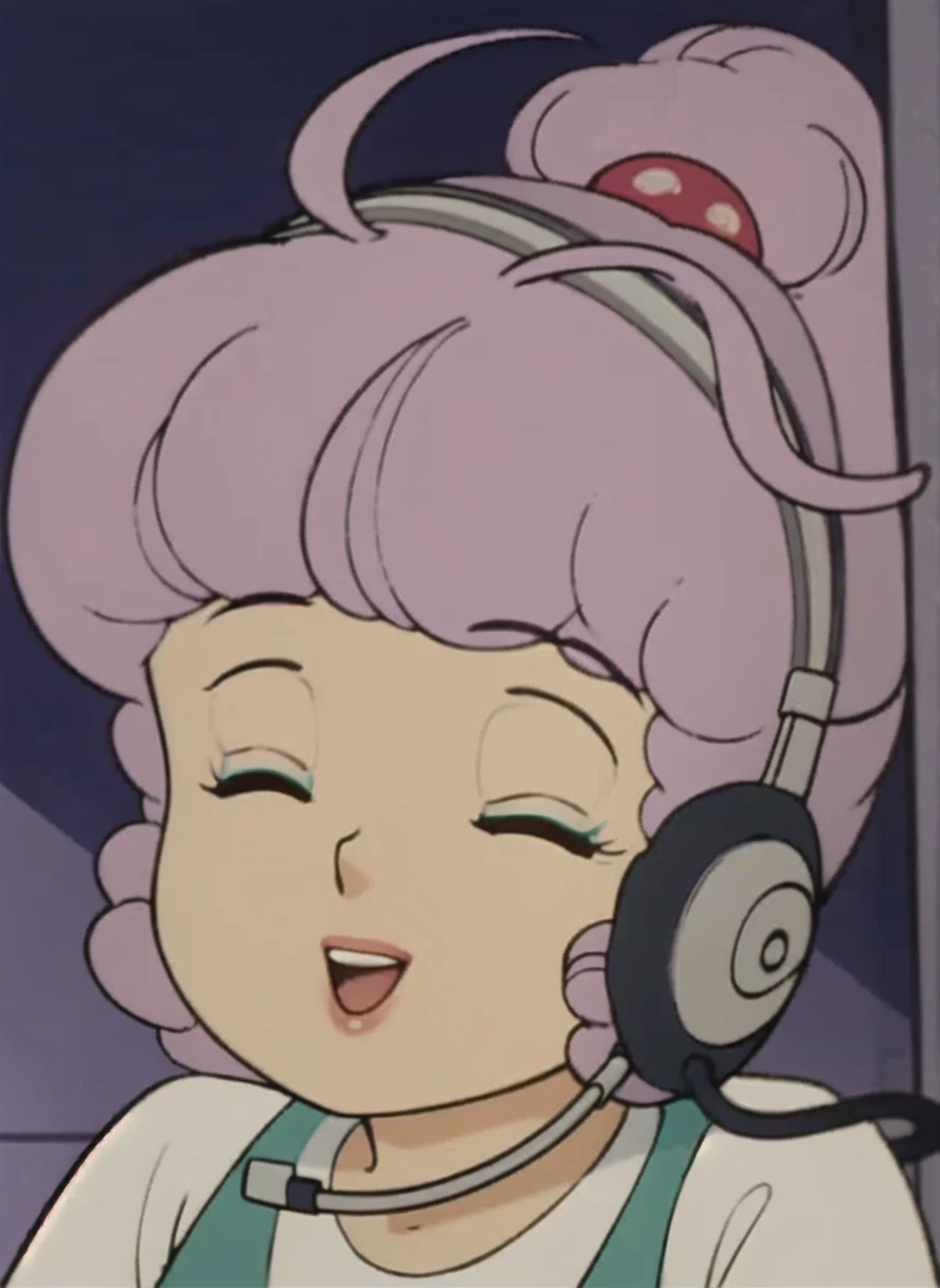 masterpiece,best quality,highres,Noise reduction,Clarity,Refinement,Detailing,Sharpness enhancement,1girl, solo, retro artstyle, closed eyes, makeup, headphones, 1980s (style), lipstick, smile, open mouth, headset, ponytail, eyeshadow, purple hair, drill hair, hair bobbles, pink hair, ahoge,^o^,