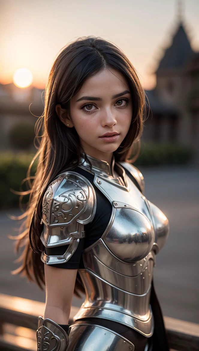 (masterpiece), (extremely intricate:1.3), (realistic), portrait of a girl, the most beautiful in the world, (medieval armor), metal reflections, upper body, outdoors, intense sunlight, far away castle, professional photograph of a stunning woman detailed, sharp focus, dramatic, award winning, cinematic lighting, octane render unreal engine, volumetrics dtx, (film grain, blurry background, blurry foreground, bokeh, depth of field, sunset, motion blur:1.3), chainmail