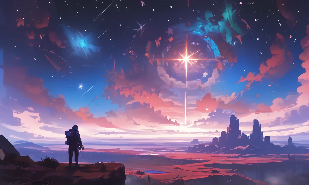A high, windswept plateau under a sky full of shooting stars. Strange, luminous flowers bloom only at night, casting a surreal glow over the landscape. In the distance, a lone, shadowy figure stands atop a cliff, watching the heavens. <lora:Space_Operetta_Neo_-_Pony_Edition-000007:1>