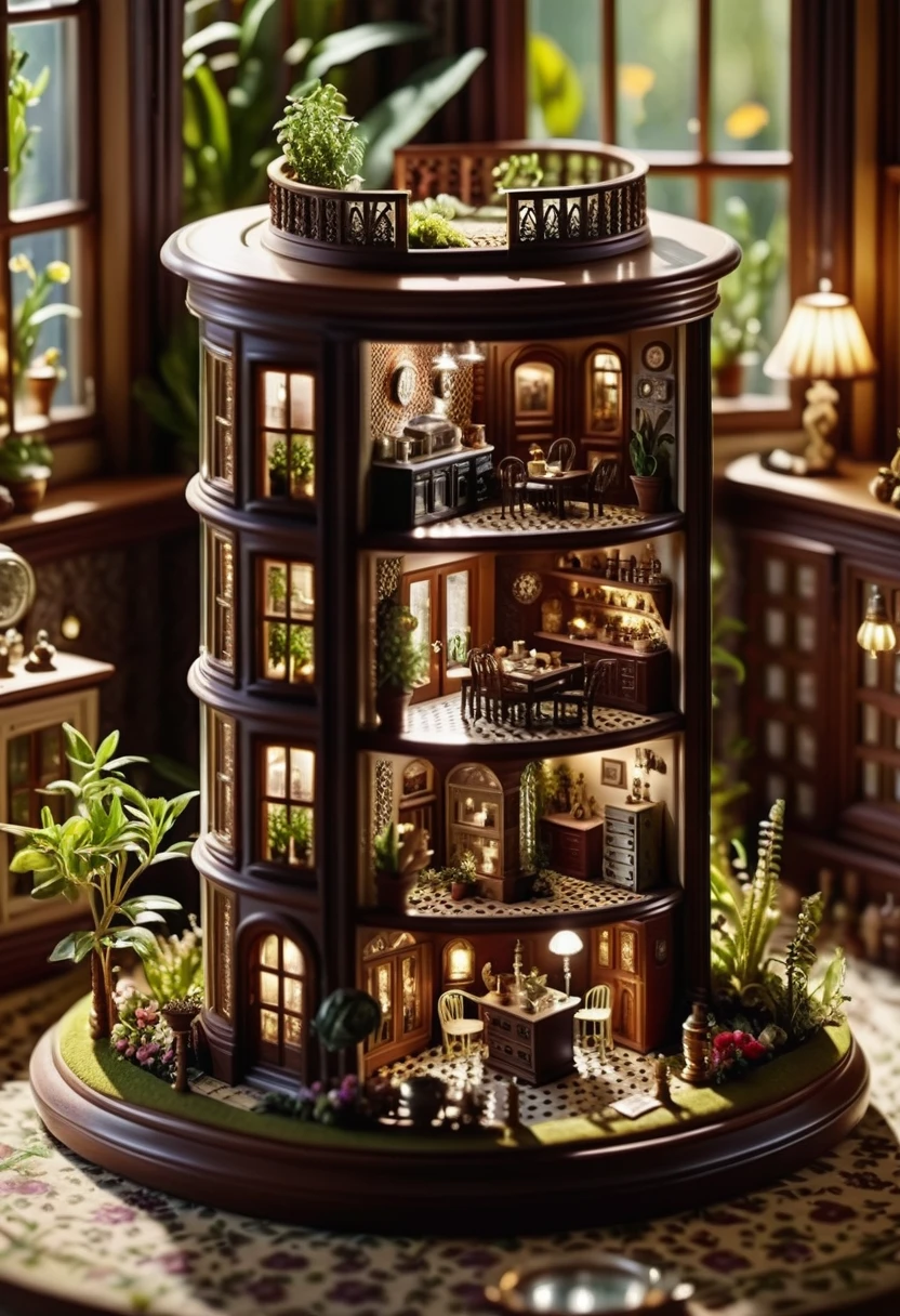 cinematic photo in a surreal world where anything is possible, a miniature of a house comes to life. Inside a voyeuristic radio, the room is filled with intricate details, including a large window and a small garden table. The interior is spacious, , 35mm photograph, film, bokeh, professional, 4k, highly detailed,