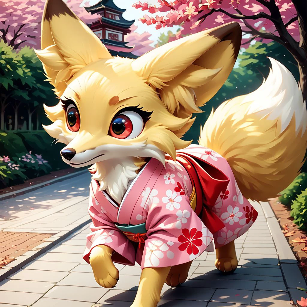 anthro, solo, feral, female, canid, fox, red_eyed_fox, yellow fur, clothes, walking, wearing pink kimonos, fluffy fur, big red eyes, big fox tail, big fox ears, at park, score_9_up, score_8_up, score_7_up, source_anime