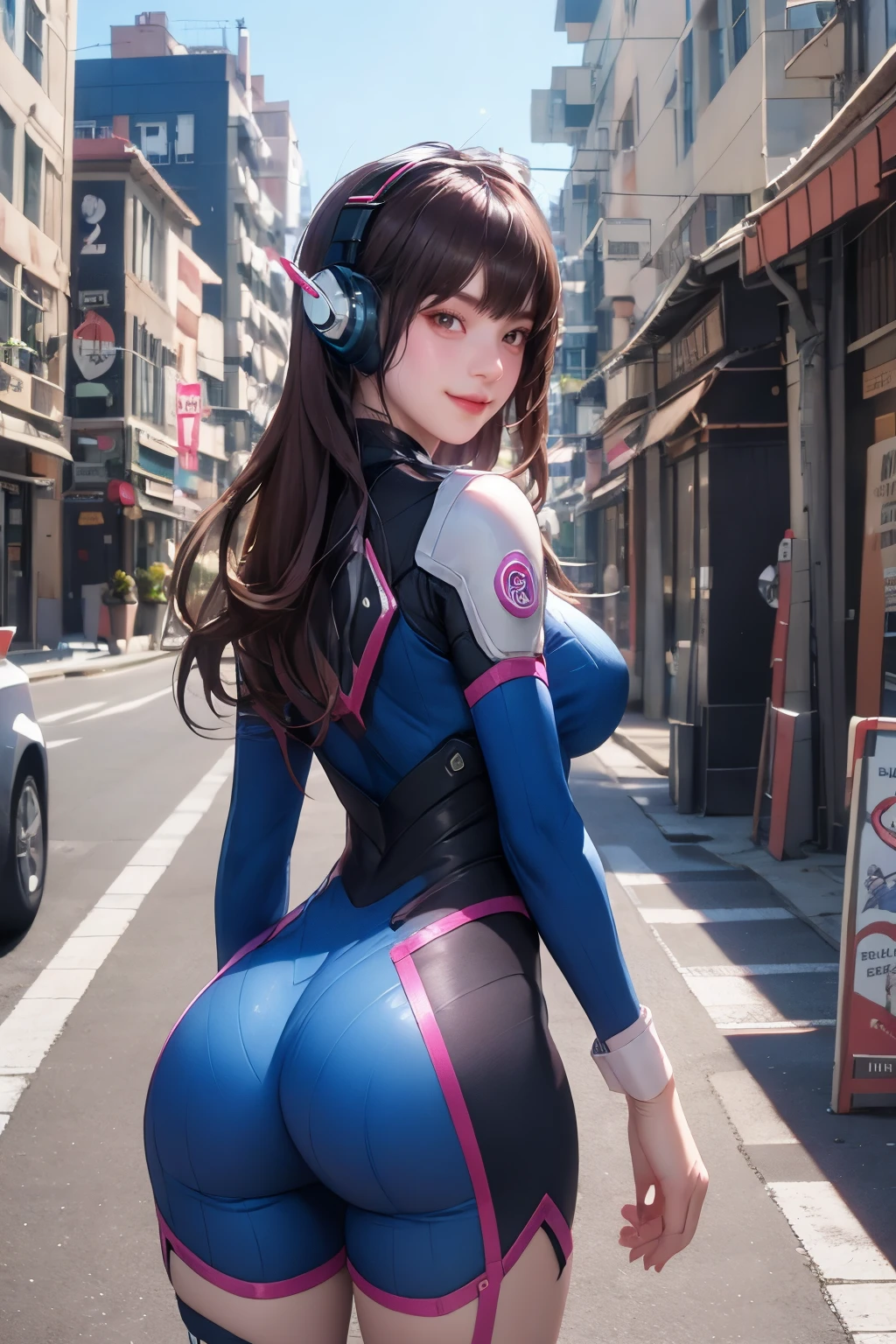 <lora:DVa-5:0.7>,super high resolution,best quality,Photos,4k,(Realistic:1.2),DVa,1girl,bright_pupils,long hair,kind_smile,look to the lens,street view,tight clothes,thigh,booty,