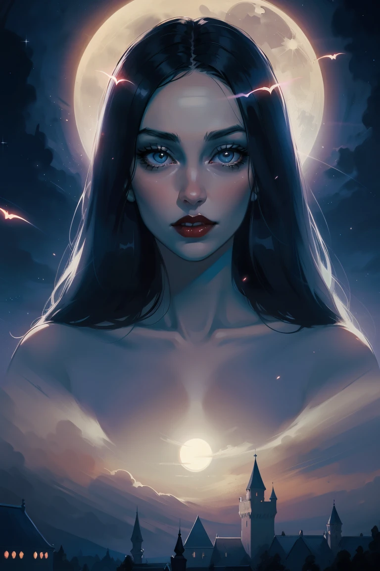 portrait of vampire queen standing in dark, black hair, no pupils, no sclera, red lips, fangs, castle indoors, moonlight, particles, night, dark scene,  <lora:sxz-celestial-x:0.85> celestial style, soft gradient, sacred feminine, mythology, double exposure