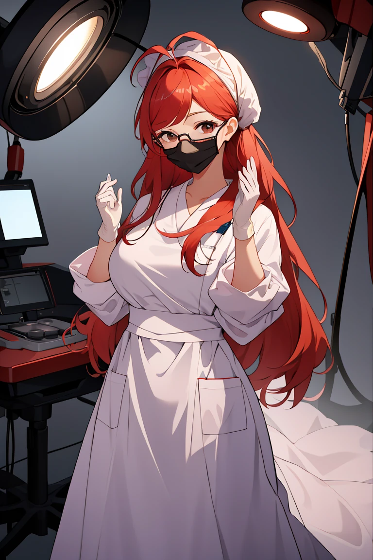 (RAW photo, best quality), (1girl), operating room, overhead surgical light,blurred background, focused,
 <lora:Hands_UP_V2.0-000006:0.8> hands_up_surgeon, looking at viewer, surgical mask, gloves,long dress, long sleeves,bouffant cap,
 <lora:Claudia_Suzuki_V1.0:0.6> claudia suzuki, mature female, semi-rimless eyewear, red hair, long hair, brown eyes, antenna hair,