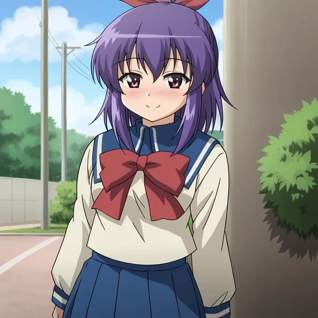 <lora:Fujino Shion - Hatsu Inu-000003:1>, FujinoShion, 1girl, solo, hair ribbon, outdoors, standing, school uniform, serafuku, long sleeves, skirt, red bow, red bowtie, smile, blush, cowboy shot,