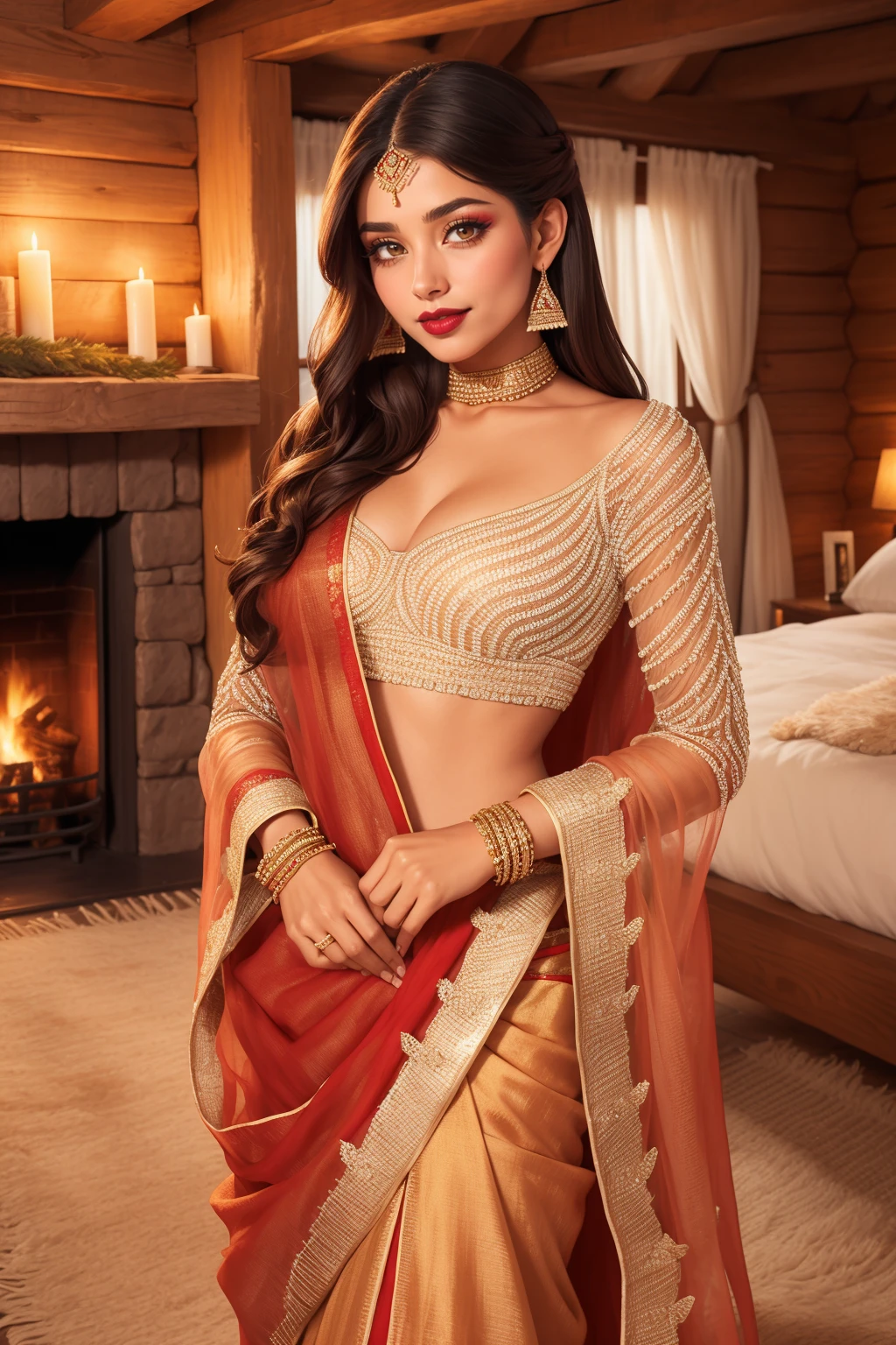 beautiful adult woman, solo, smile <lora:BPL3-46:0.65> vibrant colors,Ishtar \(fate\), Long dark hair, goddess attire in ((red and gold)), Mesopotamian fashion, layered lehenga, choli, ((dupatta scarf)), dr3ss, embroidered, pearls, organza, lace, standing, choker ,see-through sleeves, long sleeves, eyeliner, eyeshadow, makeup, black lips , Cozy Alpine Cabin Bedroom, Rustic wooden beams, a plush fur rug, and a crackling fireplace, providing a warm and inviting retreat amidst snow-capped mountains., high quality, best quality, high detail, 8k resolution, sharp focus, standing,