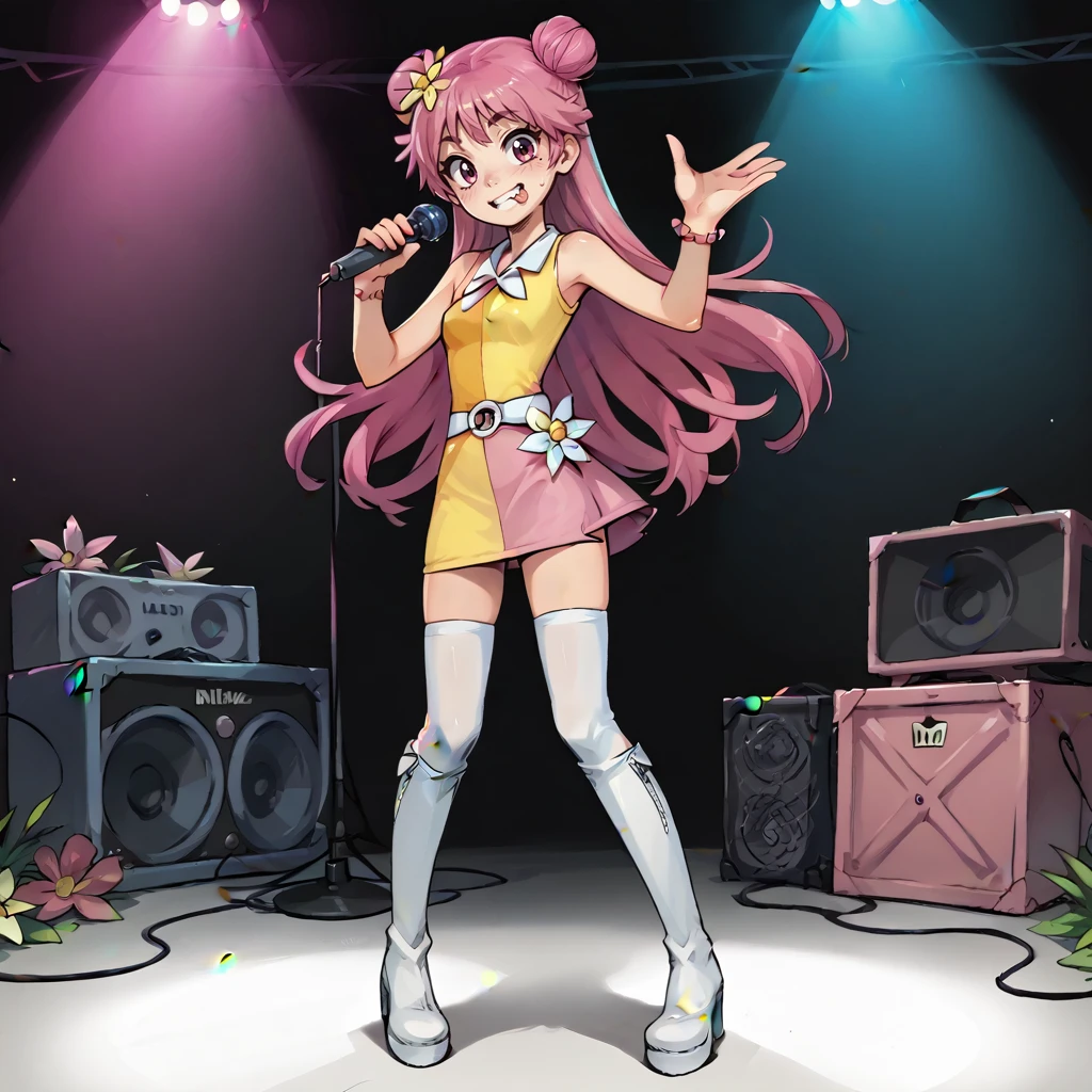 score_9, score_8_up, score_7_up, score_6_up, score_5_up, score_4_up, BREAK  <lora:Hi_Hi_Puffy_AmiYumi:0.9>, ami , 1girl,  1girl, microphone, solo, boots, pink_hair, skirt, smile, standing, hair_ornament, knee_boots, double_bun, white_footwear, thighhighs, sleeveless, flower, dress,