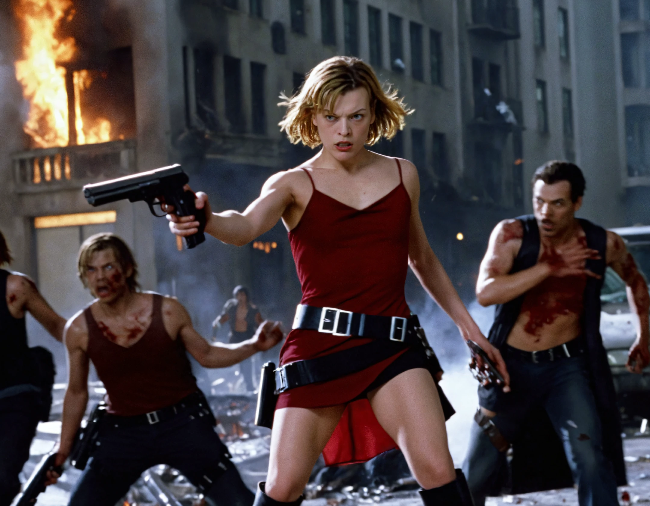 high resolution photo of alic32002 woman,blonde hair,wearing a red dress,black boots,full body shot,she is holding a gun,fighting zombies while a city is on fire