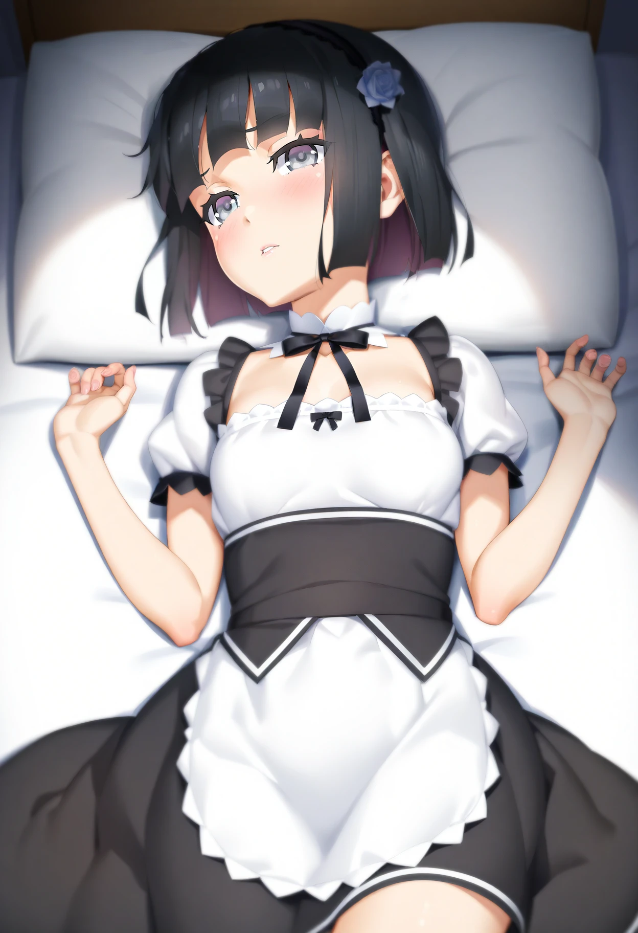 dorothy \(bishoujo mangekyou\), 1girl, solo, black hair, short hair, lying, on back, hairband, flower, black eyes, blush, hair flower, looking at viewer, hair ornament, apron, shirt, grey eyes, parted lips, maid, small breasts, cowboy shot, on bed,
masterpiece,best quality