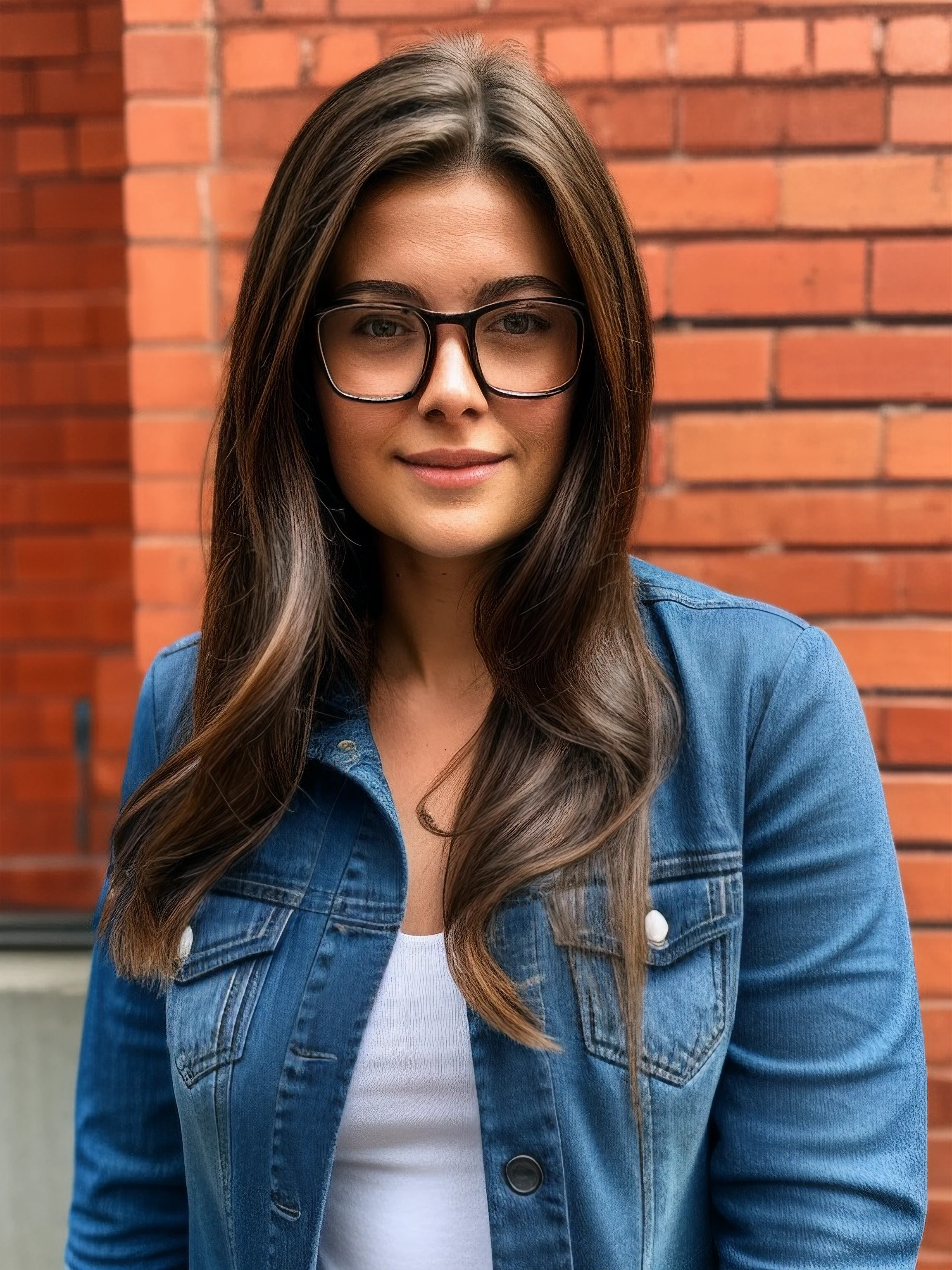 Millie-b, glasses, long hair, denim jacket, looking at viewer, detailed face, headshot, outdoors