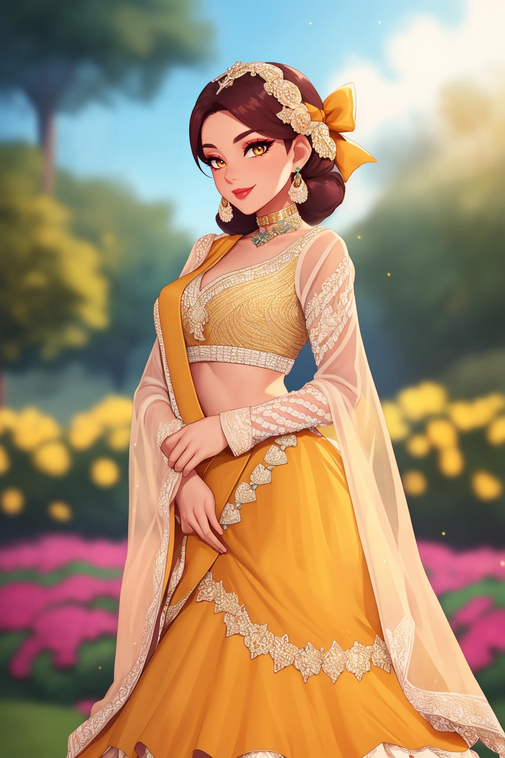cinematic film still anime artwork beautiful adult woman, solo, smile <lora:Outfit_soph_CholiLehengaDupatta:0.65> vibrant colors, Belle \(disney\), auburn styled hair, yellow:1.2 ballgown,yellow petticoat, French fashion, hair bow layered lehenga, choli, ((dupatta scarf)), dr3ss, embroidered, organza, lace, standing, choker ,see-through sleeves, long sleeves, eyeliner, eyeshadow, makeup, glitter lips , beautiful garden, outdoors, high quality, best quality, high detail, 8k resolution, standing, anime style, vibrant, studio anime, highly detailed . shallow depth of field, vignette, highly detailed, high budget, bokeh, cinemascope, moody, epic, gorgeous, film grain, grainy