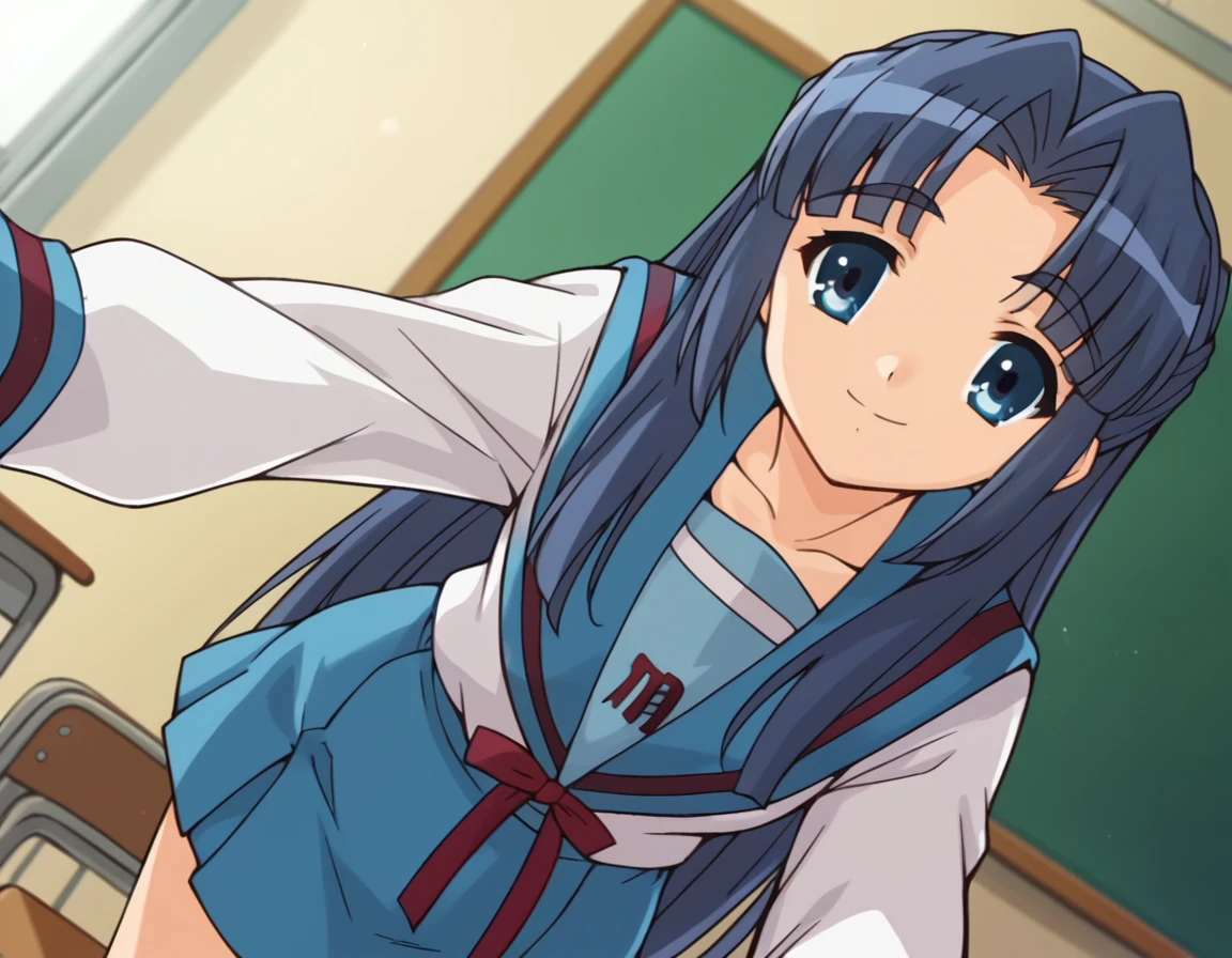 score_9, score_8_up, score_7_up, source_anime,
ryoukoasakura, <lora:ryouko-asakura-s1-ponyxl-lora-nochekaiser:1>,
ryouko asakura, long hair, blue eyes, blue hair, half updo,
skirt, long sleeves, school uniform, serafuku, sailor collar, blue skirt, blue sailor collar, winter uniform, kita high school uniform,
indoors, classroom, bent over, smile,
looking at viewer, dutch angle, cowboy shot, solo,