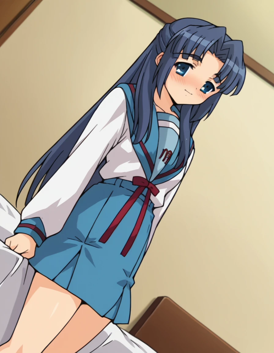 score_9, score_8_up, score_7_up, source_anime,
ryoukoasakura, <lora:ryouko-asakura-s1-ponyxl-lora-nochekaiser:1>,
ryouko asakura, long hair, blue eyes, blue hair, half updo,
skirt, long sleeves, school uniform, serafuku, sailor collar, blue skirt, blue sailor collar, winter uniform, kita high school uniform,
indoors, bed, bed room, on side, blush, drunk,
looking at viewer, dutch angle, cowboy shot, solo,