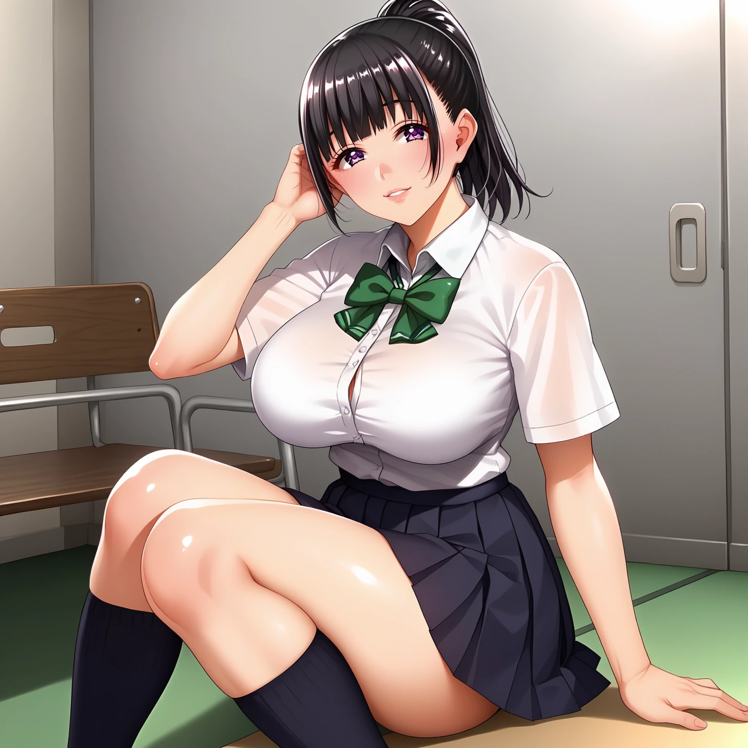 <lora:YuiTachibanaXLpony001>,looking at viewer,smile,parted lips,
solo,
YuiTachibana,1girl,black hair,ponytail,purple eyes,
large breasts,
white shirt,green bowtie,
pleated skirt,thigh,
full body,sitting,