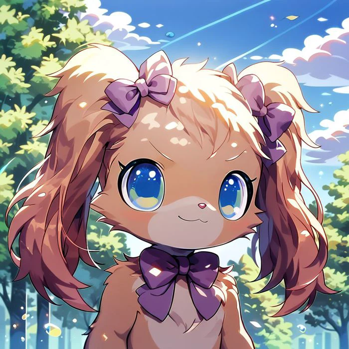 score_10, score_9_up, score_8_up, 
jewel pet,Io,solo,looking at viewer,smile,blue eyes,bow,twintails,closed mouth,outdoors,sky,day,bowtie,tree,blue sky,v-shaped eyebrows,pokemon (creature),no humans,:3,portrait,furry,purple bow,body fur,straight-on,purple bowtie,two-tone fur