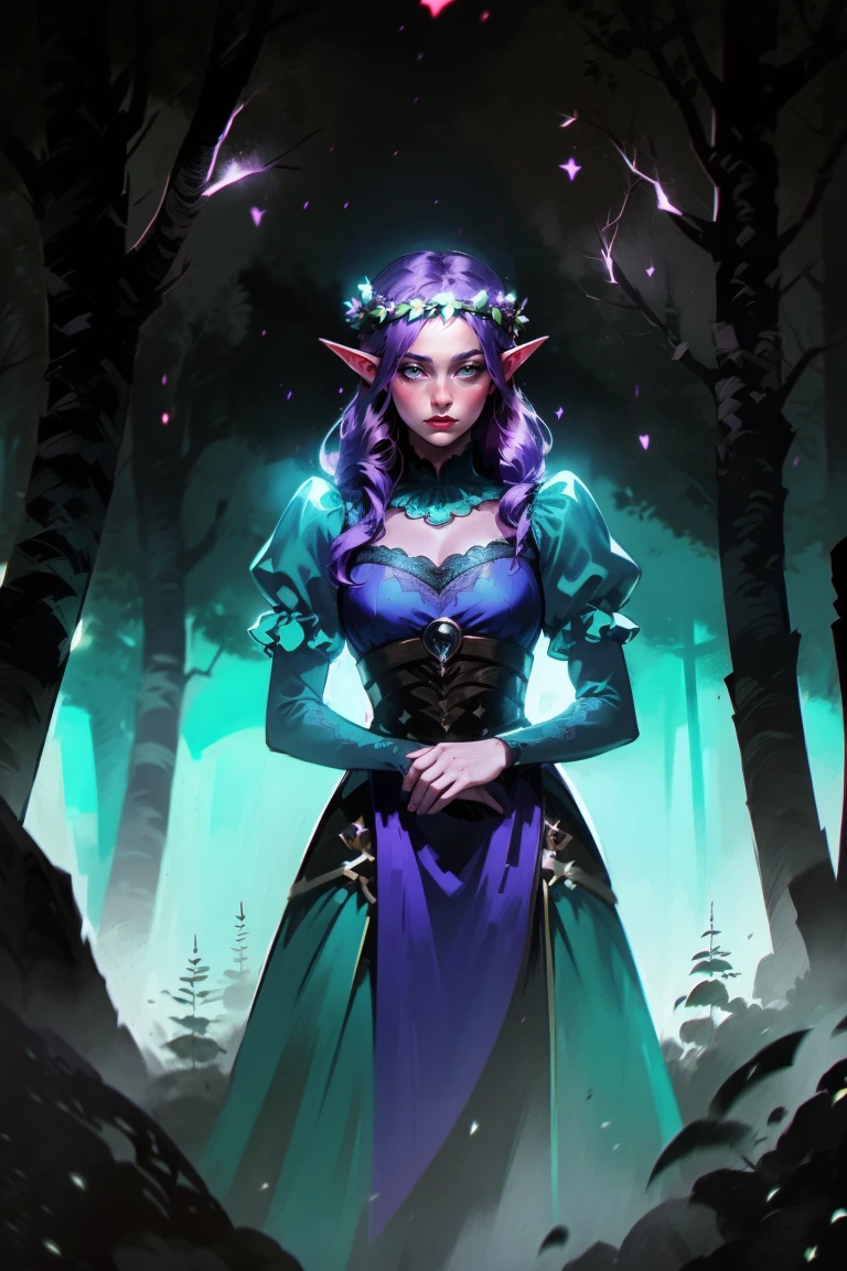 cowboy shot of beautiful elf queen, purple hair, ornate cyan dress with puffy sleeves, see-through sleeves, head wreath, particles, dark forest, night, fog,<lora:sxz-RED-x:0.8>  red, black, color contrast, dark scene, spot color, reflective,