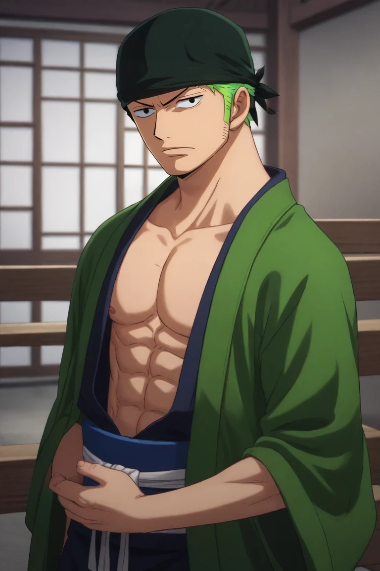 score_9, score_8_up, score_7_up, source_anime, intricate details, (photorealistic:0.6), , , , 1boy, solo, male focus, <lora:zoro_roronoa_pony:0.92>, zoro_roronoa, green hair, black eyes, short hair, bandana, , post timeskip, wano country arc, chonmage, kimono, , sideburns, , , warehouse, , <lora:sdxl_lightning_8step_lora:1>