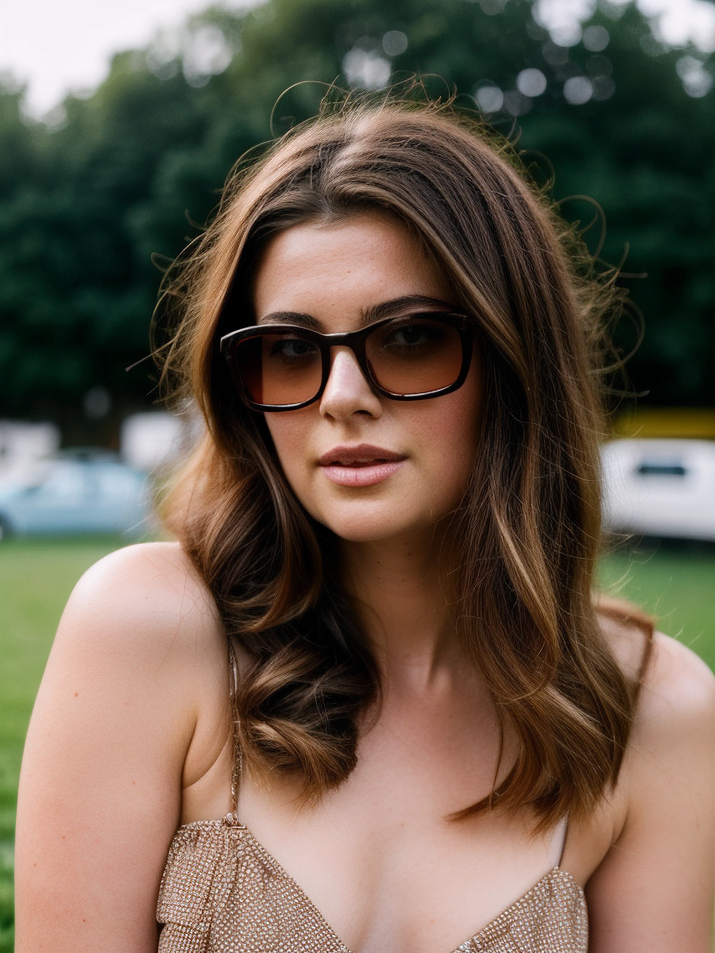 Millie-b, analog film, traditional media, portrait, 1970s hairstyle, 70s makeup, jewelry, frizzy hair, bangs, sunglasses, glamour, headshot, (looking at viewer), parted lips, fujifilm, masterpiece, photograph, <likenesshelpbyshurik3>:0.7, (film grain):1.7, traditional media, (bokeh background:1.3)