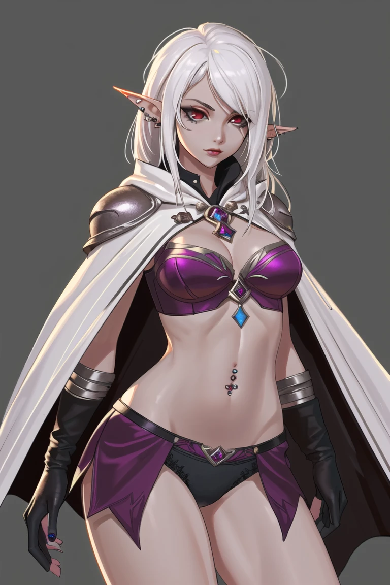 1girl, pointy ears, solo, elf, breasts, navel piercing, piercing, gloves, white hair, cape, underwear, panties, navel, brown gloves, dark elf