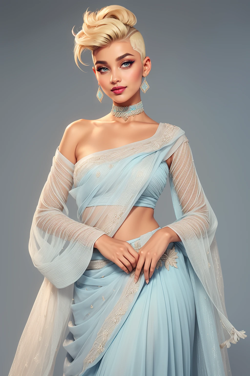 beautiful adult Moroccan:1.2 woman, solo, smile (((blonde hair))) (faux hawk with skin fade:1.3) <lora:BPL3-42:0.65> vibrant colors, (blue theme), layered lehenga, ((dupatta scarf shawl)), dr3ss, embroidered ballgown, organza, lace, standing, choker ,see-through sleeves, long sleeves,  eyeliner, eyeshadow, makeup, glitter lips  , Contemporary Scandinavian Sanctuary, Clean lines, neutral tones, and cozy textures, creating a serene and minimalist escape from the modern world., high quality, best quality, high detail, 8k resolution, sharp focus,