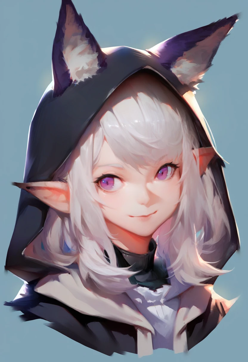 score_9, score_8_up, score_7_up, score_6_up, <lora:solaXLP6_lokr_V4236:0.95> 1girl, solo, animal ears, pointy ears, purple eyes, smile, blue background, looking at viewer, simple background, extra ears, medium hair, closed mouth, upper body, white hair, animal ear fluff, portrait, jacket, fox ears, cat ears, hood