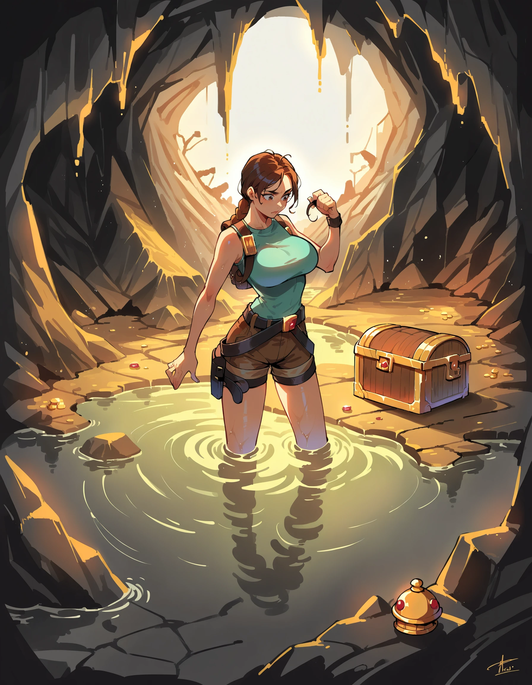 source_anime, score_9, score_8_up, score_7_up,
laracroftxl, 1girl, solo, large breasts, full body, white background, simple background, boots, thigh holster, short shorts, belt,
cave,flare,wading, treasure chest, gold,
 <lora:LoraCroftxl:1>