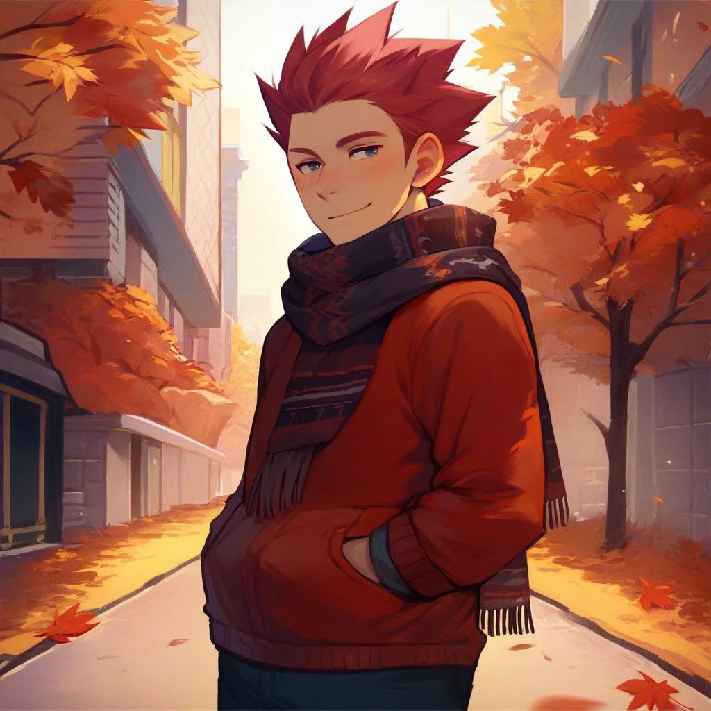 score_9,score_8_up,score_7_up,score_6_up,score_5_up,score_4_up, solo, 1boy, male focus, red hair, spiked hair, standing, half-closed eyes, blush, smile, scarf, cardigan, autumn, outdoors, hands in pockets