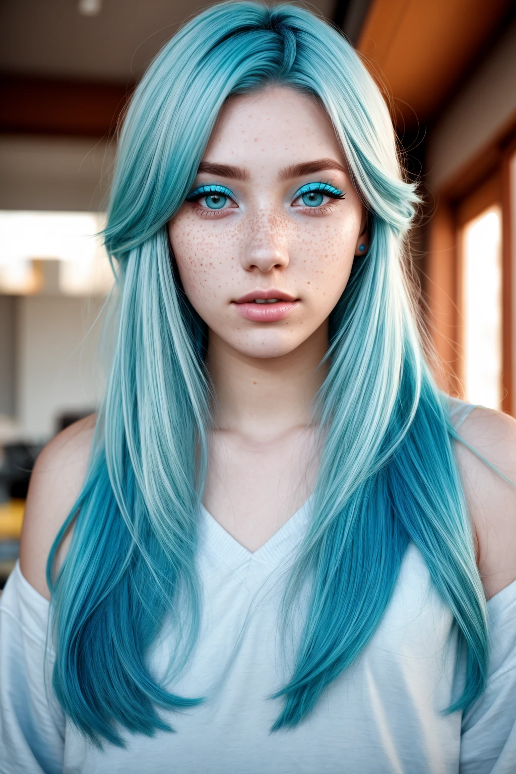 Photo of a young woman with cyan hair, natural-looking, yellow eyeshadow, pale skin, freckles, (zzxxzz:0.9) <lora:Image enhancer v2:1>