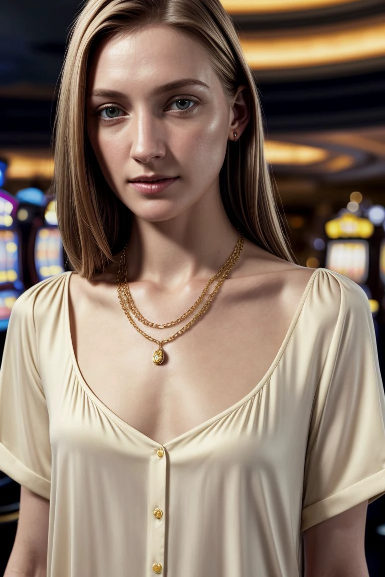 European woman, closeup, (shirt), pants, (bowling alley), gold necklace , ZM_isa, wide shoulders, perfect face, (contact iris: 1.1), pale skin, skin pores , depth of field