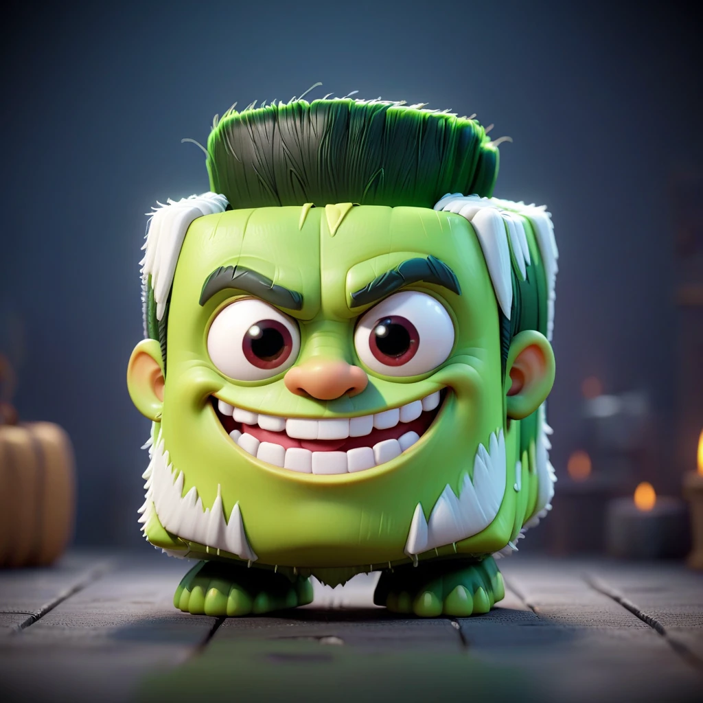 cube-shaped Frankenstein's Monster,Disney render, detailed stylized 3d, unreal engine game, happy, cute, smiling, friendly, open mouth, game world, blurry background, (teeth:0.4), beautiful lighting,