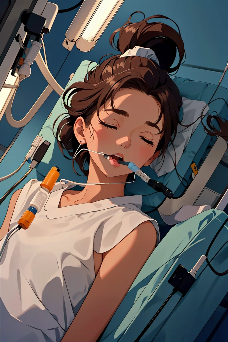 (RAW photo, best quality), (1girl), operating room, overhead surgical light,blurred background, focused,
 <lora:Intubation_V2.0-000006:0.8> intubation, closed eyes, lying, on back, cable,tube in mouth,open mouth, lying on table
 <lora:Klaviana_V1.0:0.6> (klaviana,brown hair, brown eyes,folded ponytail, 1990s (style)),