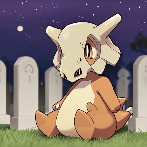 solo, pokemon (creature),( cubone:1.2), no humans, skull, claws,( bone:0.5), blurry background, cemetery, night, sitting, focus on face, portrait,<lora:Cubone_-_Pokemon:1>