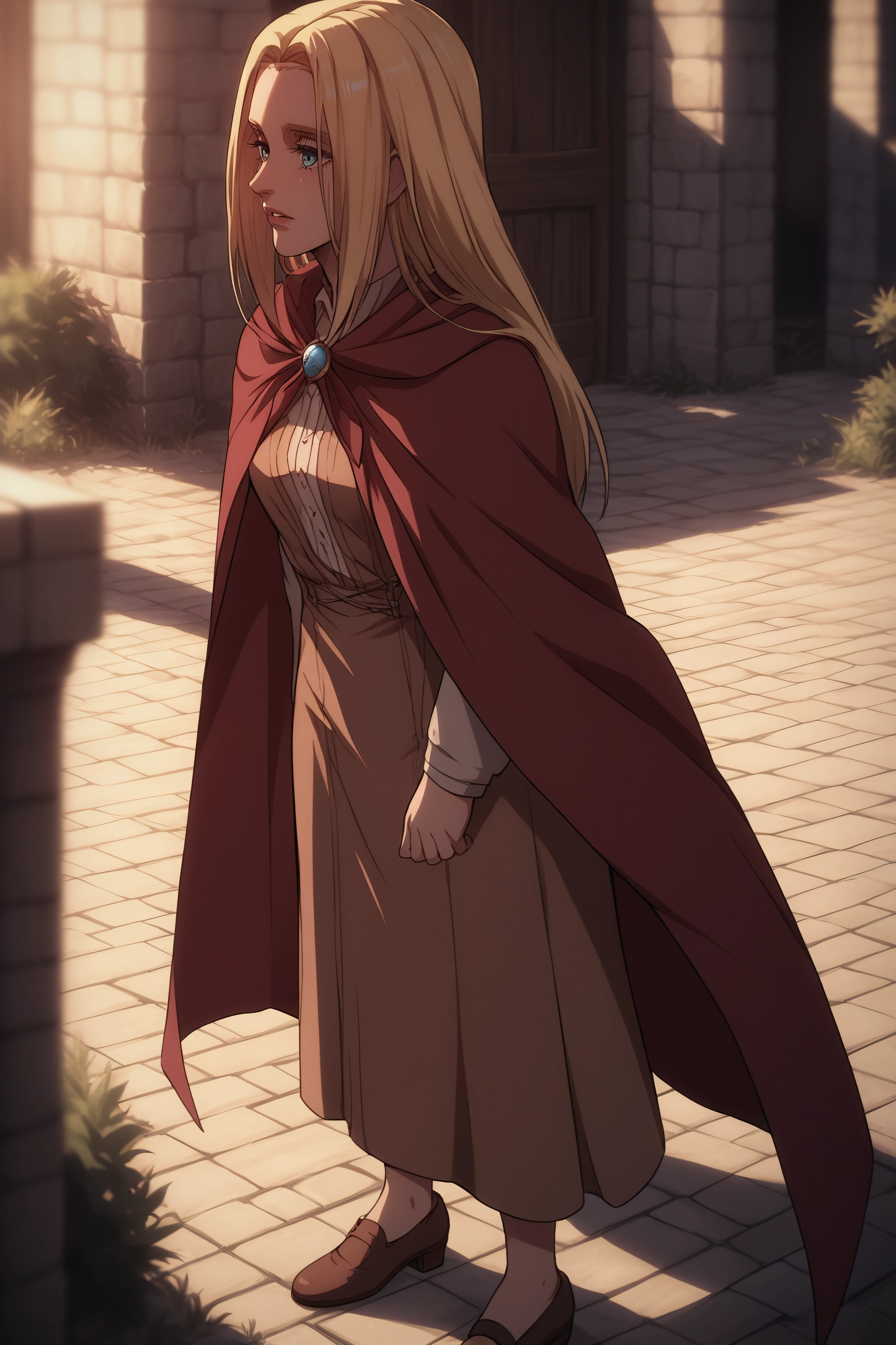 score_9, score_8_up, score_7_up, BREAK source_anime, <lora:historia reiss v2-PonyXL-lora-Faxtron:0.8> historia reiss, medium breasts, long brown dress, red cape, shoes,