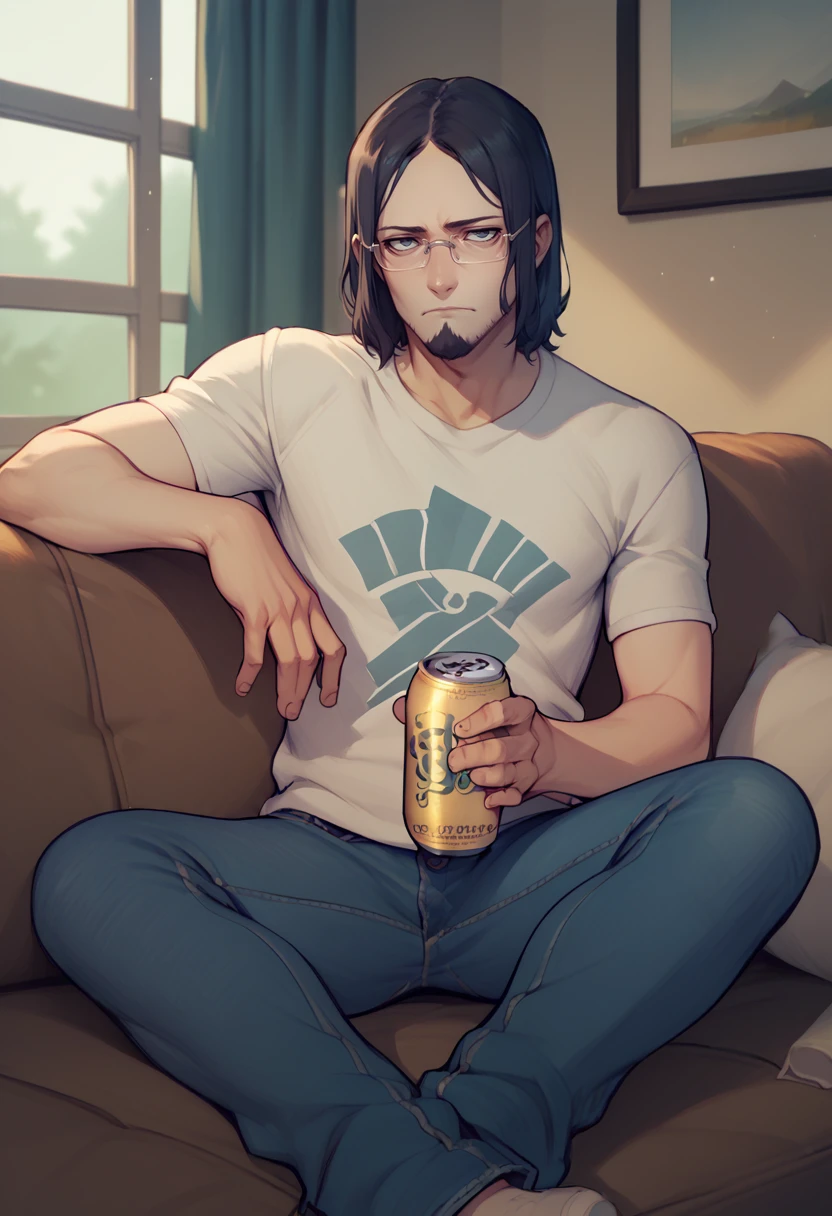 score_9, score_8_up, score_7_up, 1boy, solo, sitting, looking at viewer, exhausted, holding beer can, <lora:ZenkichiP5S-pdxl:1> defZenkichi, glasses, beard, t-shirt, jeans, indoors, couch