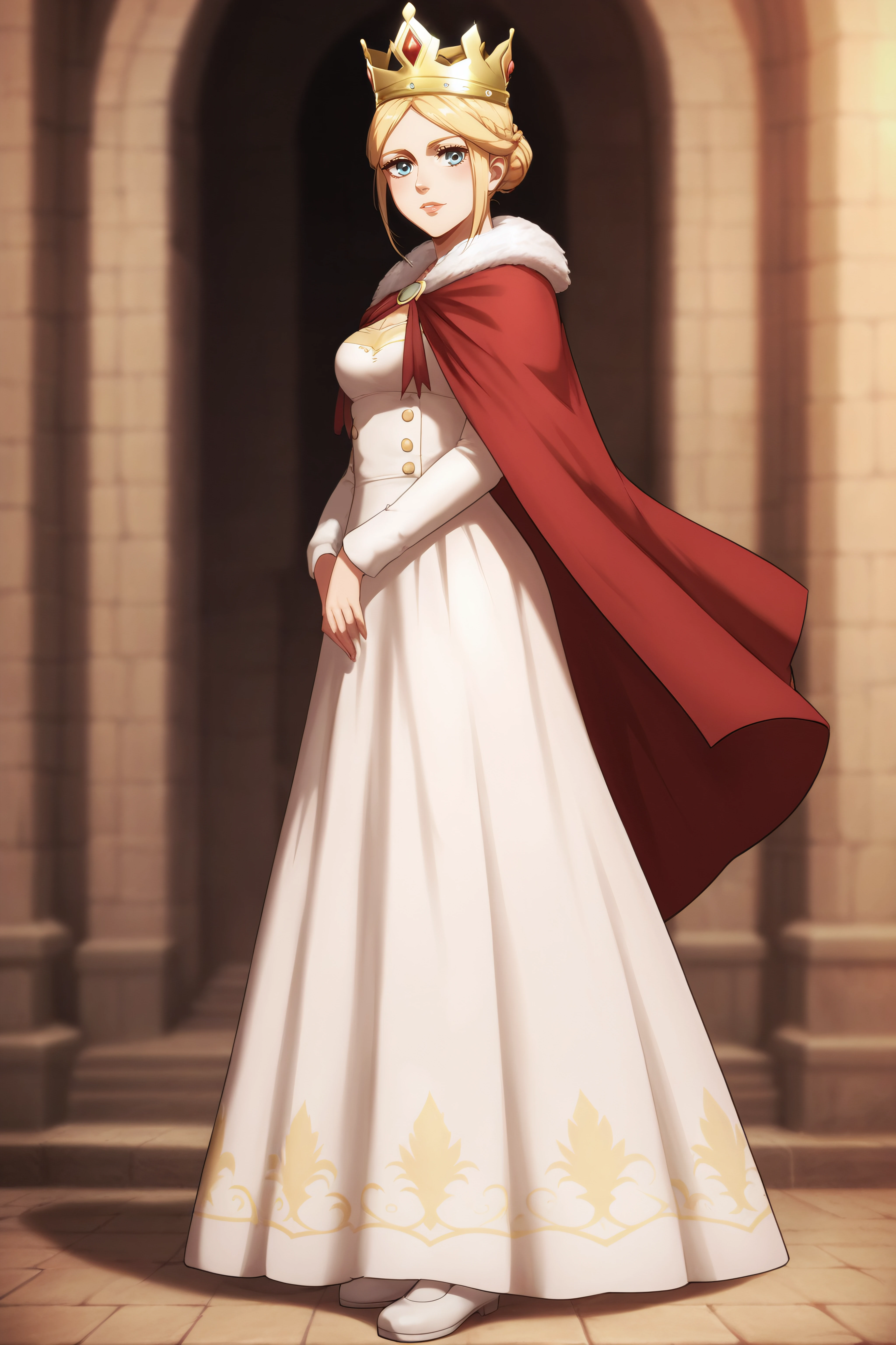 score_9, score_8_up, score_7_up, BREAK source_anime, <lora:historia reiss-PonyXL-lora-Faxtron:0.8> historia reiss, hair bun, medium breasts, long white dress, red cape, fur trim, crown, white shoes,