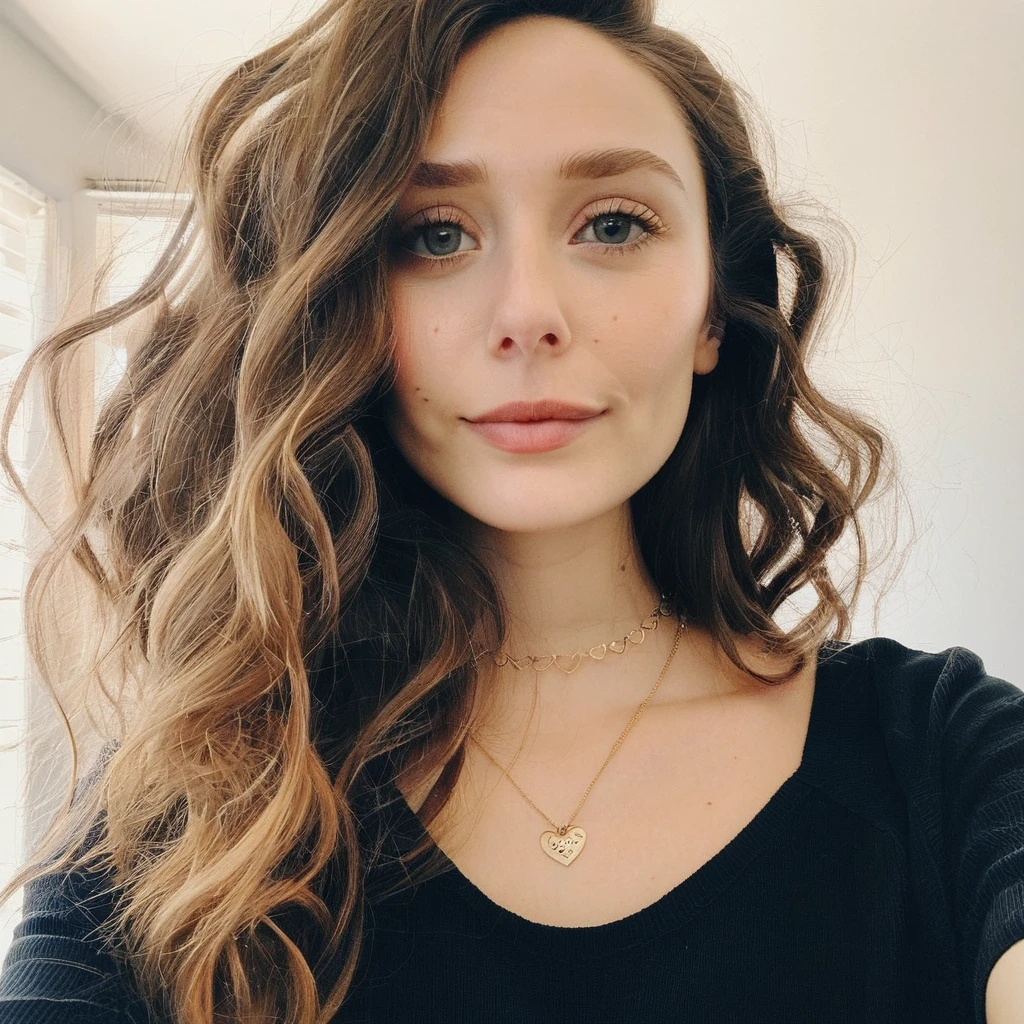 Looking straight at the camera, Film grain, skin texture, Instagram closeup selfie of a woman with beautiful wavy hair wearing a heart necklace,f/1.8,wearing a tutleneck shirt,  elixolsen,   <lora:eliolsen_juggerX_v7_standard_wocap_merger_27_74_98_02_03_05-elixolsen:1>