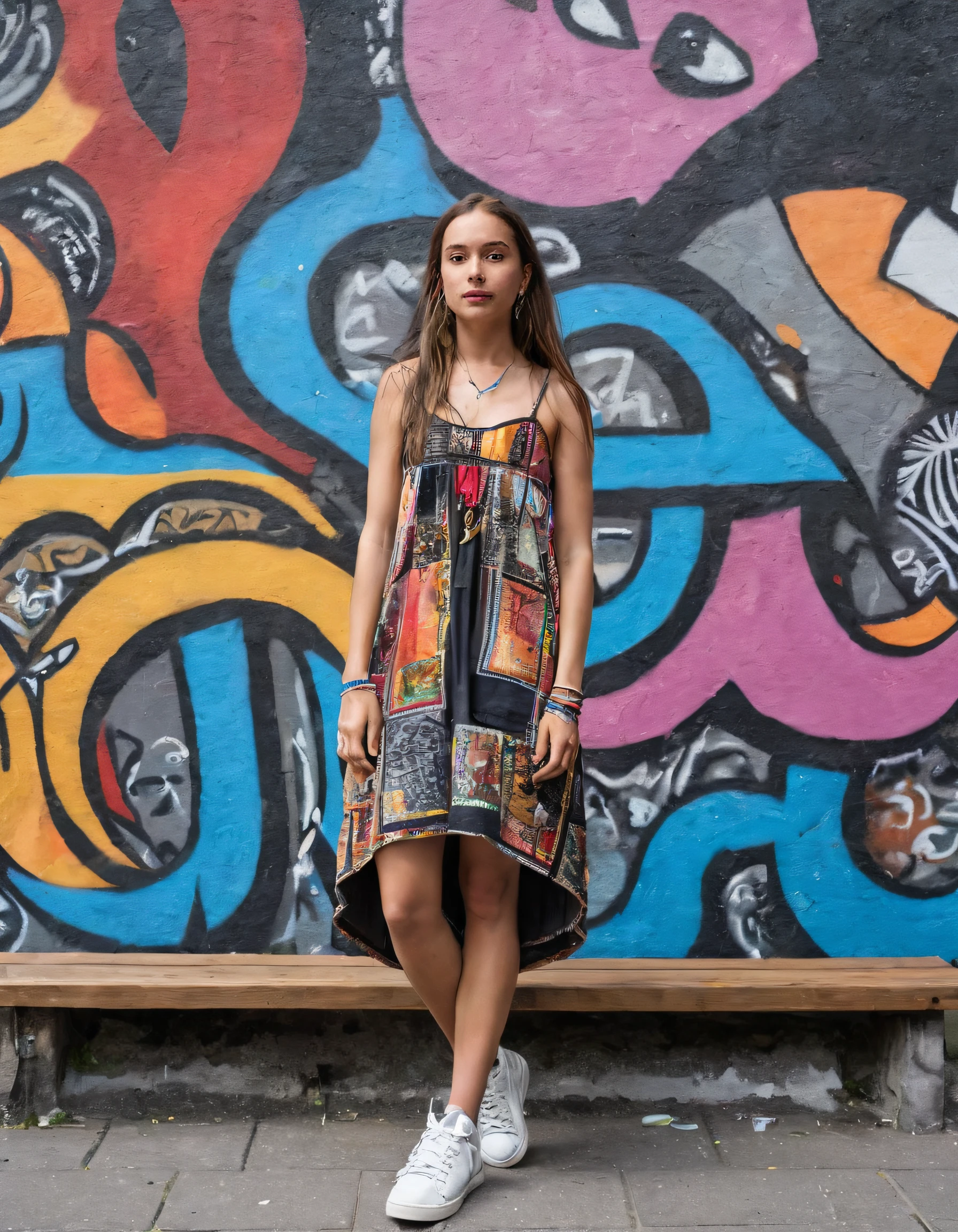 Erika, a lone yet captivating free-spirited female, stood out with her solo presence amidst the bustling evening arts festival in Berlin's culturally diverse Kreuzberg district, as she effortlessly embodied and expressed the essence of street art and spontaneous creativity through her fashion statementâa sleek bohemian dress adorned with patchwork and ethnic patterns, accentuated by chunky silver rings and high-top sneakers bearing abstract designsâas she posed in front of an unfinished mural, perfectly mirroring the vibrant urban life stories told by both the park bench and towering graffiti artworks around her. <lora:hrlhpp18f20d4894ew6:1>