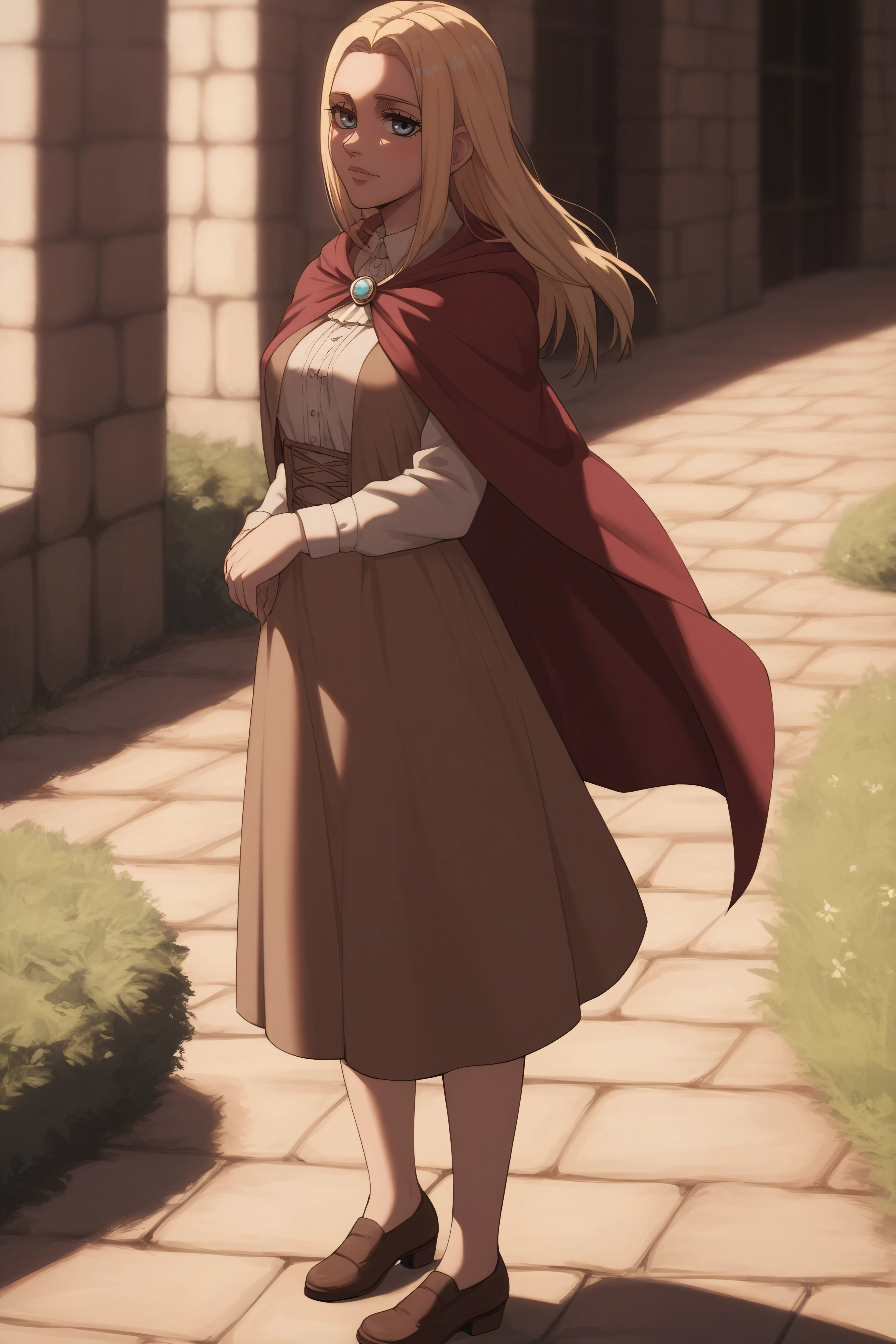 score_9, score_8_up, score_7_up, BREAK source_anime, <lora:historia reiss v2-PonyXL-lora-Faxtron:0.8> historia reiss, medium breasts, long brown dress, red cape, shoes,