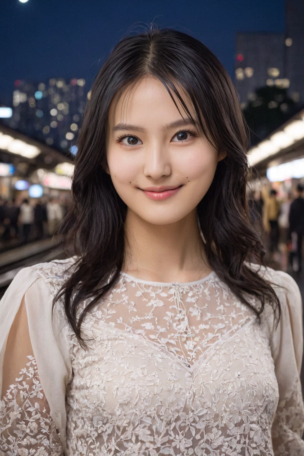 1 Lady, Long hair with a shawl, (Ultra actual, A high resolution), (highly details eye, Hair is okay, The face is very detailed, Highly detailed plump lips), (cropped shoulders、Lie flat, Upper part of the body, Cautious smile, (Best quality at best:1.4), RAW photogr, (actual, photo-actual:1.37), professional photoshooting, 电影灯光, (delicated face: 1.2),