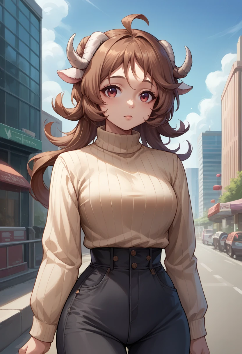 score_9, score_8_up, source_anime, 1girl, solo, Eyjafjalla, curled horns, ahoge, sweater, ribbed sweater, long sleeves, high-waist pants, outdoors, city, <lora:ChamPonyXLEyjafjalla:1>