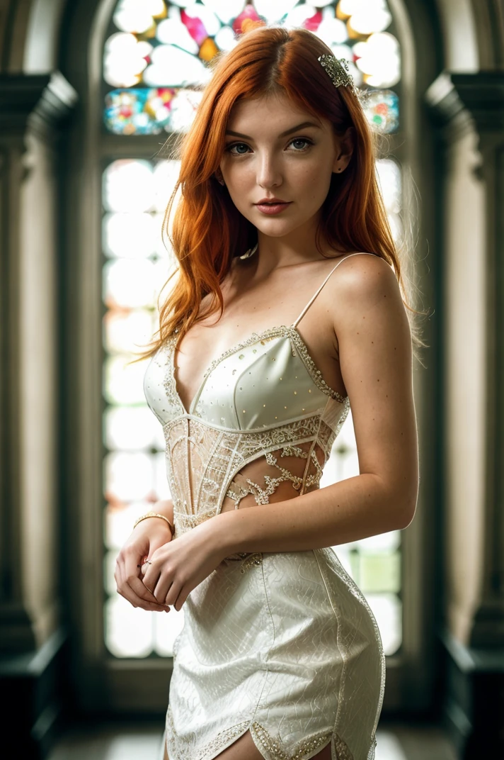 23 year old woman, standing, seductive, , shoulder length red hair, bright blue green eyes, thin eyebrows, fair skin, blushing cheeks, perfect body, big breasts, white petticoat under the dress, cleavage, castle hallway, eye contact, seductive smile, high detail, feminine facial features, slim, slender, high resolution, real girl, realism, realistic, soft lighting