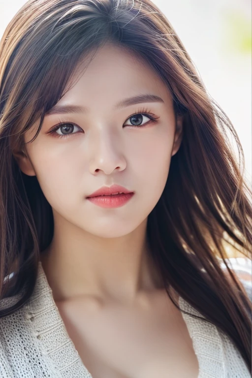 (masterpiece, best quality:1.4), 8k, highres, shiny skin, lips, super detailed skin, detailed beautiful face and eyes, bloom, spotlight, professional lighting, (upper body:1.2), (knit,medium breasts), jungyeonsan, <lora:jungyeon_v2:0.8>
